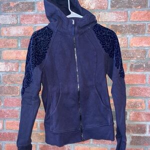 Lululemon Navy Zip-Up Hoodie with Floral Burnout Shoulder Panels